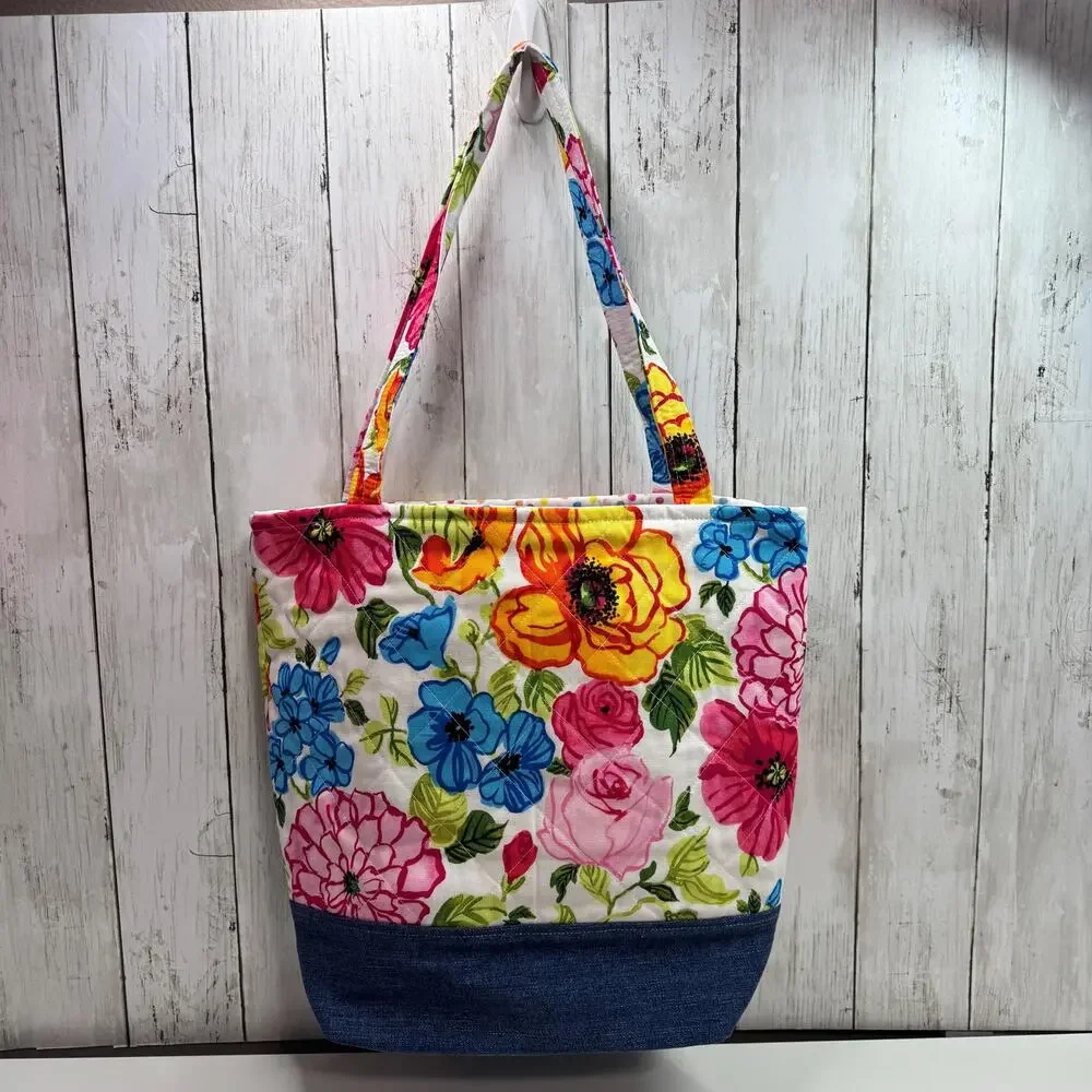 Quilted Colorful Floral Garden Tote Bag Denim Accent : Matching Zipper Pouch